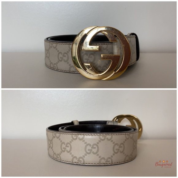 Authentic Gucci Cream Guccissima Leather Gold Interlocking G Buckle Belt 85/34 - Picture 3 of 13